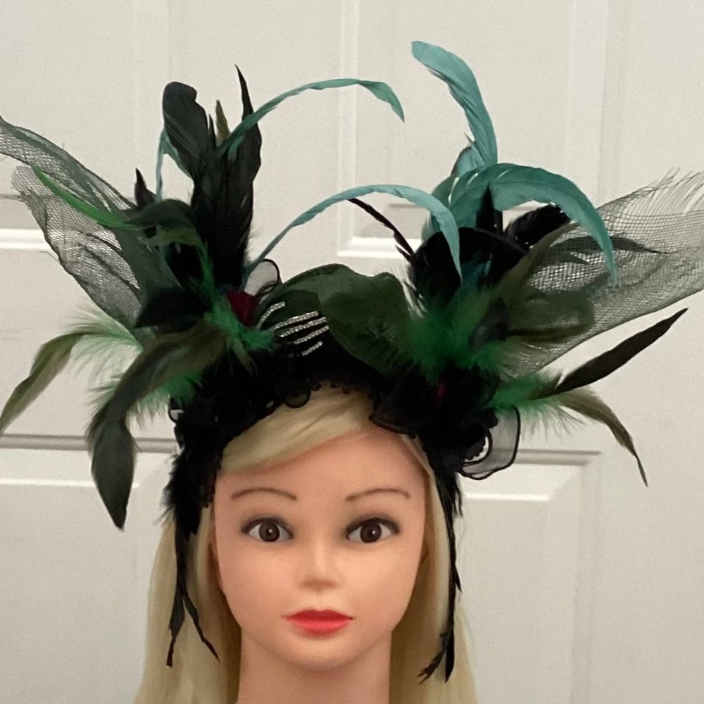 Handmade Headpiece, Fascinator, Black, Green, Blue OS